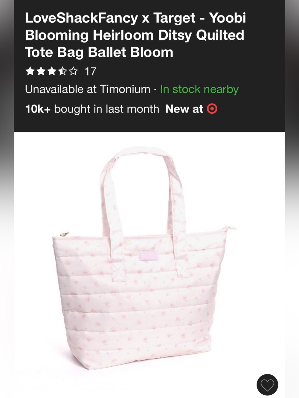 LoveShackFancy x Target Quilted Tote Bag - Light Pink Ditsy Floral Ballet Bloom